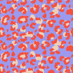 Trendy seamless vector pattern with a bold leopard print. Bright red orange spots with beige centers on a pastel lilac background create a playful and eye catching animal inspired design