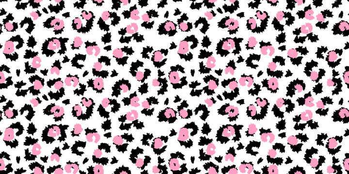 Seamless abstract leopard print pattern in bold black and pink tones on a white background. Trendy animal inspired design perfect for fashion, textiles, modern branding