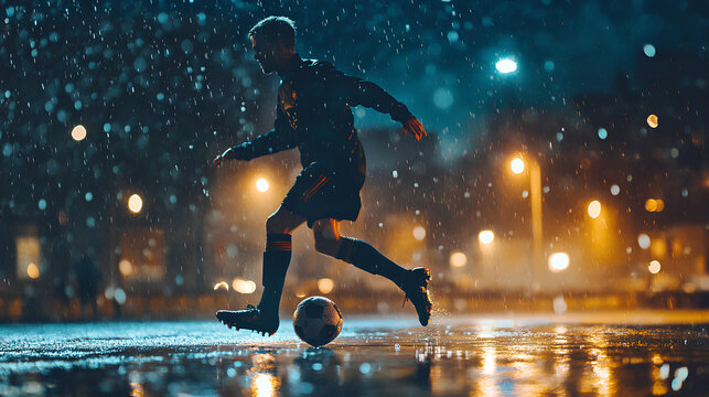Young Soccer Player Dribbling Ball in Rain at Night
