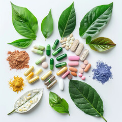 Natural Medicines & Supplements: Colorful Pills, Capsules & Powders with Green Leaves.