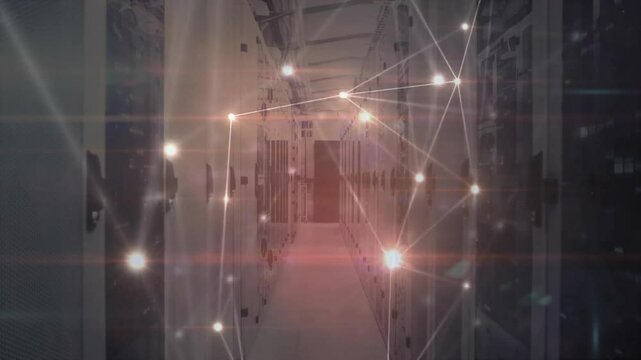 Second frame glowing nodes appearing in corridor starting growing network overlay showing data flow
