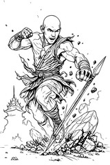 Obraz premium Dynamic Martial Artist Monk with Spear – Black and White Fantasy Illustration