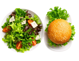 Fresh green salad with tomatoes and cheese beside a sesame seed hamburger bun on separate plates.