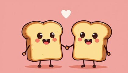 Fototapeta premium Cute cartoon bread slices holding hands on pink background