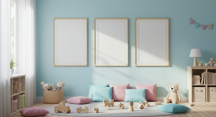 Bright Children's Room with Three Blank Wood Frames and Pastel Accents for Mockup