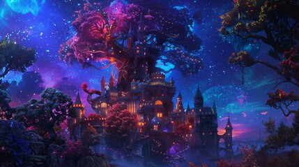 A beautiful colorful gothic fantasy castle built into the side of an ancient tree