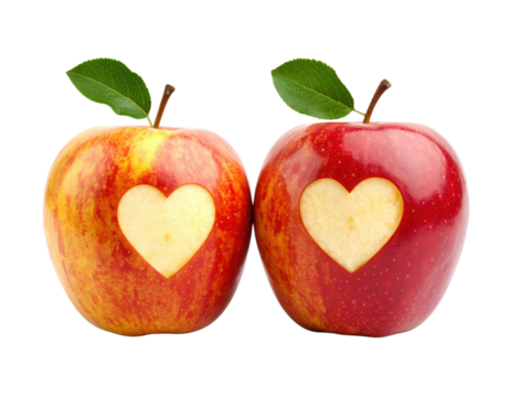 Two apples with heart shapes carved into their sides and green leaves on top.
