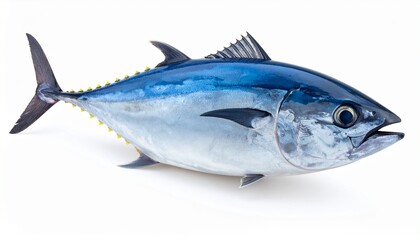 A large blue tuna fish with a streamlined body and prominent fins, isolated on a white background.