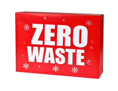 Red box with bold white "ZERO WASTE" text and decorative snowflakes.