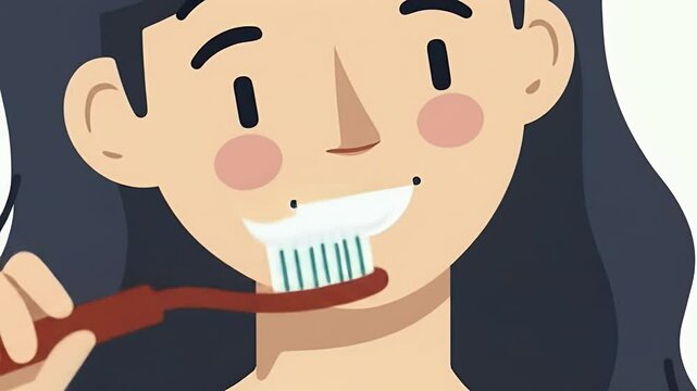 Cartoon Illustration of Woman Brushing Teeth for Dental Hygiene