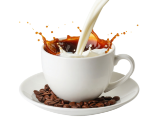 Milk pouring into a cup of coffee with coffee beans on the saucer, creating a splash.