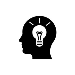 A black and white linear-fill flat style icon for a tattoo salon, depicting a human head with a light bulb inside 