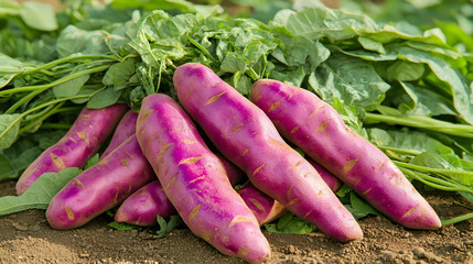 Purple Sweet Potatoes On Soil With Lush Green Leaves