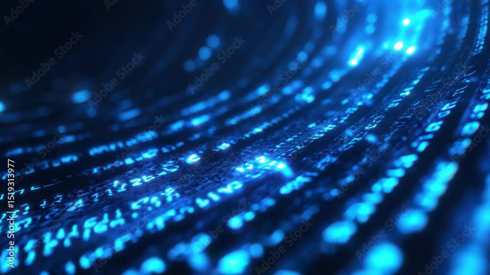 Poster Futuristic digital data stream, glowing binary code flowing in a dark blue space, high-tech cyber background, neon light reflections, abstract technology concept