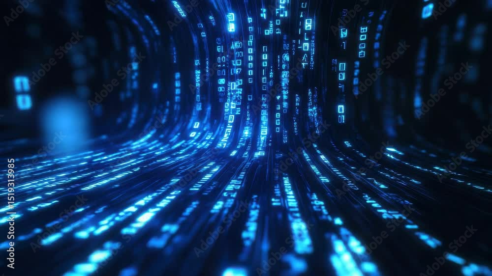 Poster Futuristic digital data stream, glowing binary code flowing in a dark blue space, high-tech cyber background, neon light reflections, abstract technology concept