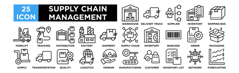 Supply Chain Management icon collection set. Warehouse, Delivery Truck, Supplier, Inventory, Shipping Box