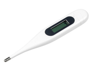 A digital thermometer featuring a slim, elongated design with an LCD display for temperature readings.