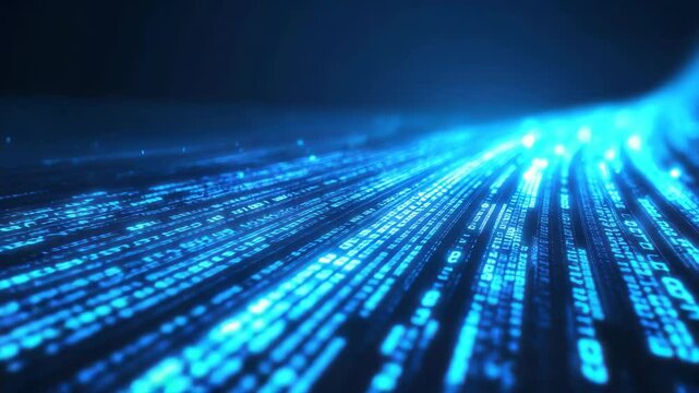 Futuristic digital data stream, glowing binary code flowing in a dark blue space, high-tech cyber background, neon light reflections, abstract technology concept