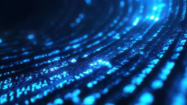 Futuristic digital data stream, glowing binary code flowing in a dark blue space, high-tech cyber background, neon light reflections, abstract technology concept