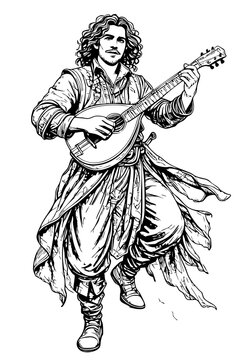 Medieval Bard Playing Lute &ndash; Fantasy Male Musician in Flowing Garments