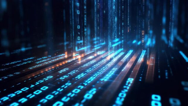 Futuristic digital data stream, glowing binary code flowing in a dark blue space, high-tech cyber background, neon light reflections, abstract technology concept