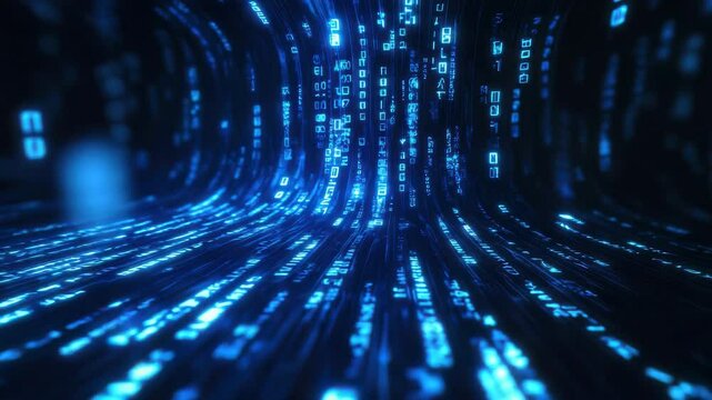Futuristic digital data stream, glowing binary code flowing in a dark blue space, high-tech cyber background, neon light reflections, abstract technology concept