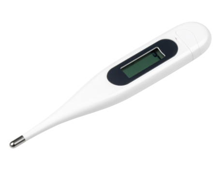 A digital thermometer featuring a slim, elongated design with an LCD display for temperature readings.
