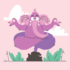 Cartoon Ganesha in Yoga Pose, Meditating Against a Peaceful Pink Background