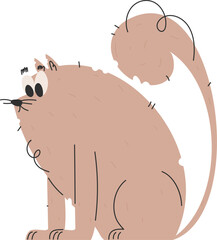 Anxious Cat Sitting with Curled Tail, Big Eyes, and Funny Expression, Cartoon Style.