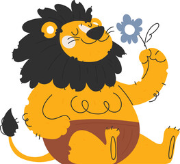 Lion Sniffing a Flower, Cute Cartoon Style, Happy, Relaxing, and Whimsical.