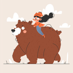 Girl riding a friendly bear through a whimsical landscape, cartoon style illustration.