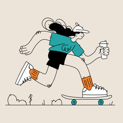 Skateboarder with Coffee, Cartoon Style Illustration for Active Lifestyle Design.