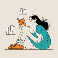 Illustration of a woman sitting and reading a book in a minimalist cartoon style.