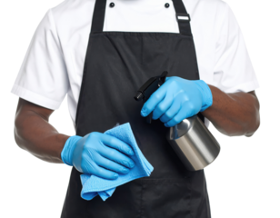 A person wearing gloves and an apron holds a spray bottle and cleaning cloth, preparing for cleaning tasks.