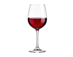 A glass filled with red wine, showcasing a clear stem and rounded bowl.