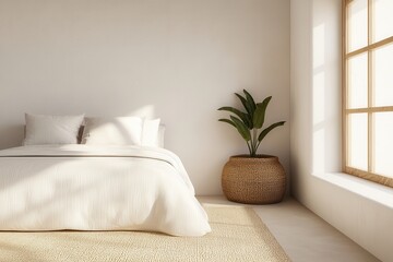 Warm natural bedroom concept. Cozy bedroom with neutral tones, a large window, and a potted plant.