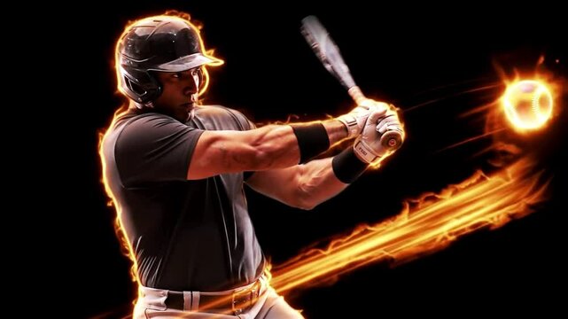 Fiery Baseball Swing Dynamic Action Shot of a Batter Connecting with the Ball