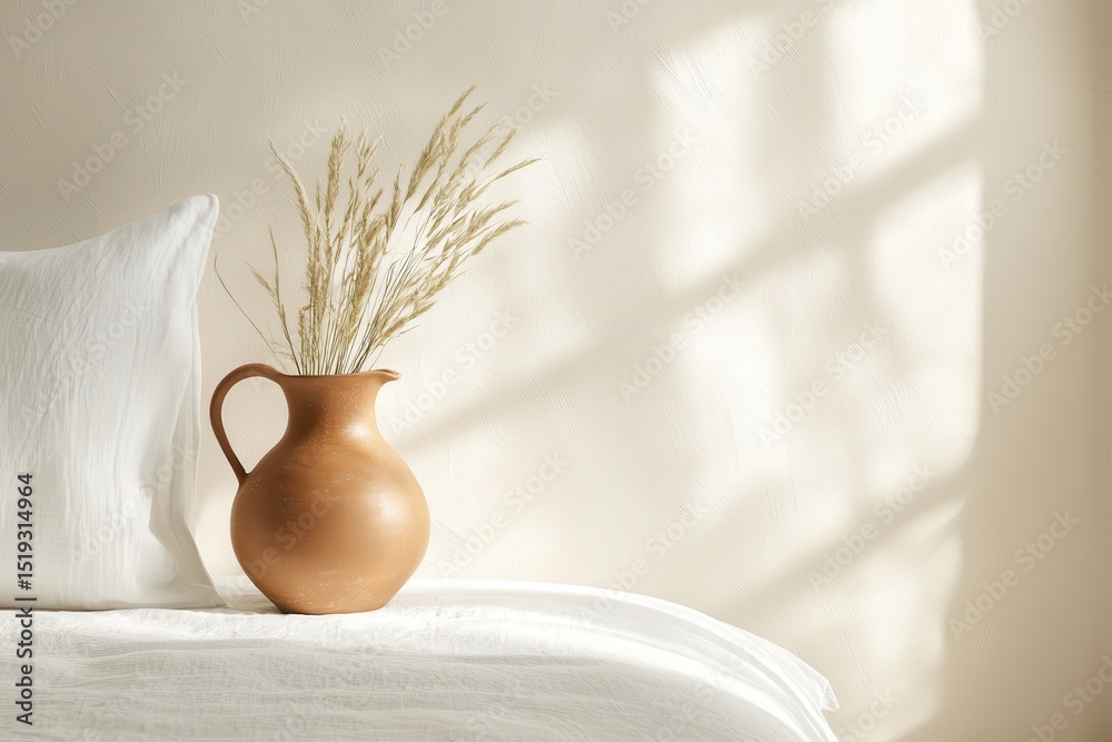 Poster warm natural bedroom concept. a serene setting featuring a clay pitcher with dried plants on a soft 