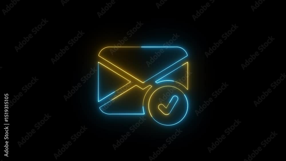 Poster mail or inbox icon with tick mark. glowing neon email icon animation with checkmark symbol signifyin