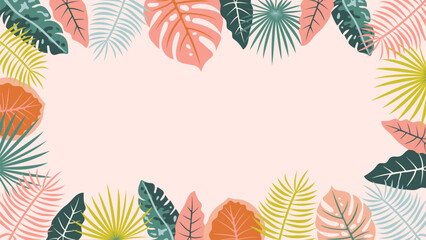 Tropical Leaves Frame on Light Pink Background. Botanical Design for Invitations, Posters, Summer Decor, Nature Themed Art with Exotic Jungle Plants and Bright Greenery