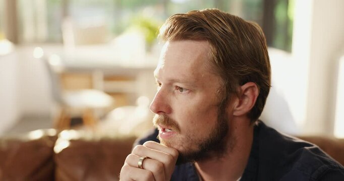 Worry, stress and man with thinking on sofa for reflection, marriage doubt and regret decision. Mental health, anxiety and person with contemplation in home for divorce, remember mistake and nervous