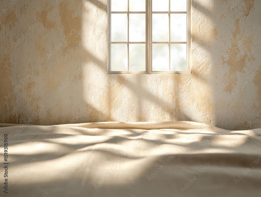 Poster warm natural bedroom concept. sunlight filters through a window, casting soft shadows on a textured 