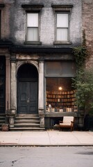 Charming Abandoned Bookstore Front with Weathered Charm and Cozy Bench on Sidewalk