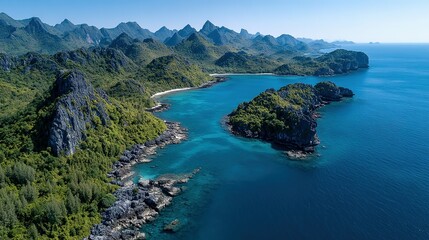 Fototapeta premium Lush tropical coastline with turquoise waters and rocky islands.