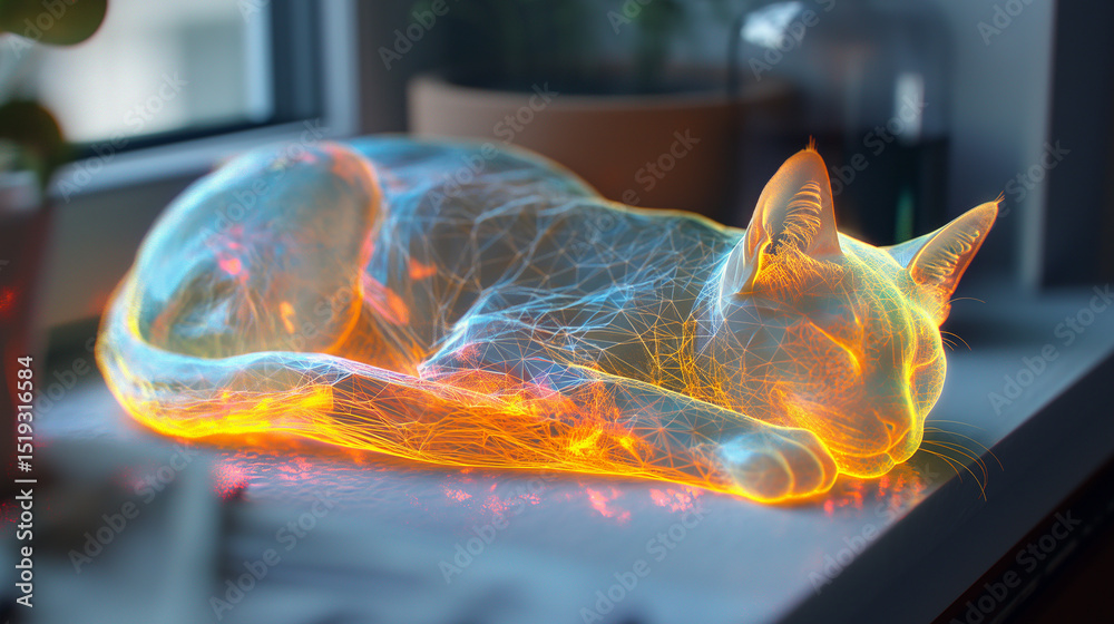 Poster this futuristic neon hologram cat glows softly on a table in a cozy setting.