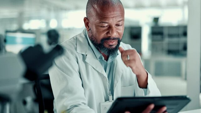 Thinking, stress and man on tablet in laboratory for medical research, biology experiment and study. Healthcare, science and person with worry on digital tech for results, report mistake and error - Powered by Adobe