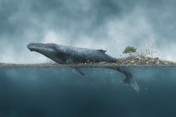 Fototapeta premium Struggling Giant Whale Navigates Through Lousy Ocean Environment Full of Debris and Pollution