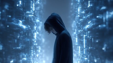 Mysterious Figure in Hoodie Surrounded by Cybersecurity Digital Environment in Futuristic Setting