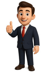 A smiling 3D cartoon businessman in a navy suit and red tie gives a thumbs-up gesture, indicating approval or success. Positive and confident.