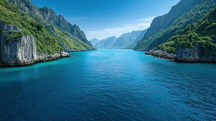 Obraz premium Tranquil ocean waters between dramatic, green-covered cliffs.
